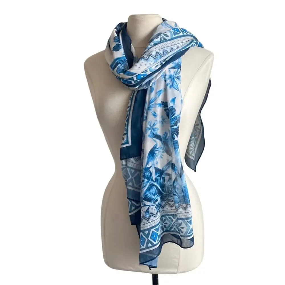 Floral Print Scarf Blue White One Size